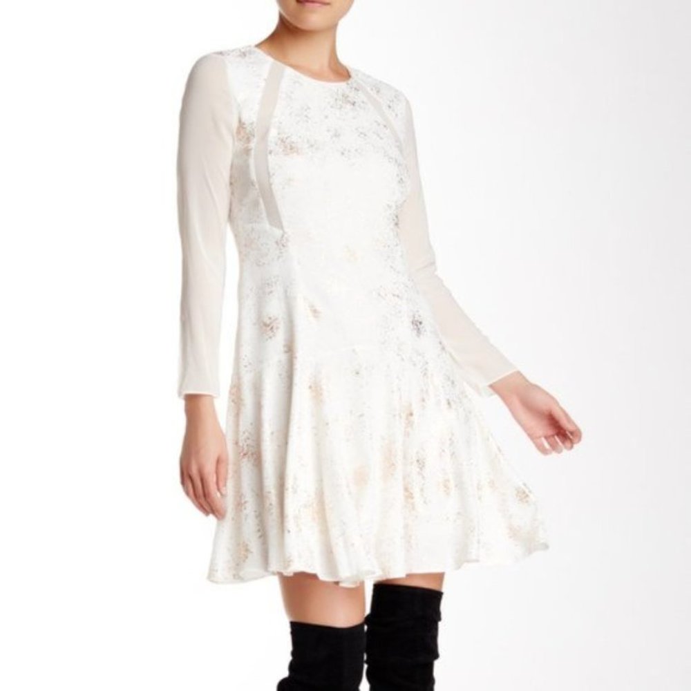 Rebecca Taylor White Gold Foil Print Silk Long Sleeve Mini Dress
